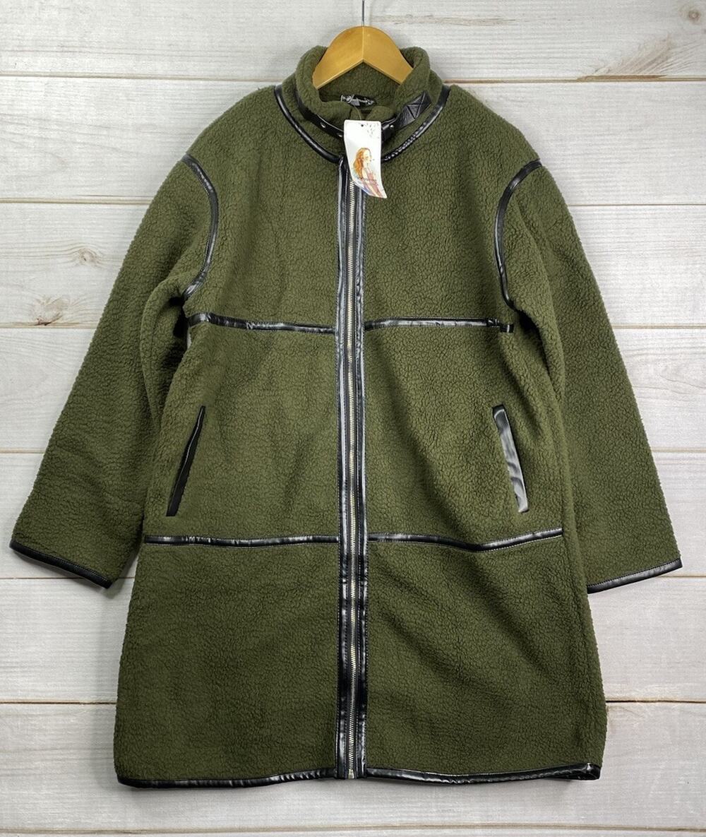 Pretty Garden Jacket Womens L Green Black Piping Winter Coat Fuzzy Fleece Sherpa